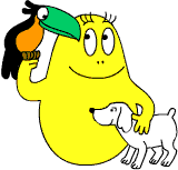barbapapa giallo con un cane e un tucano